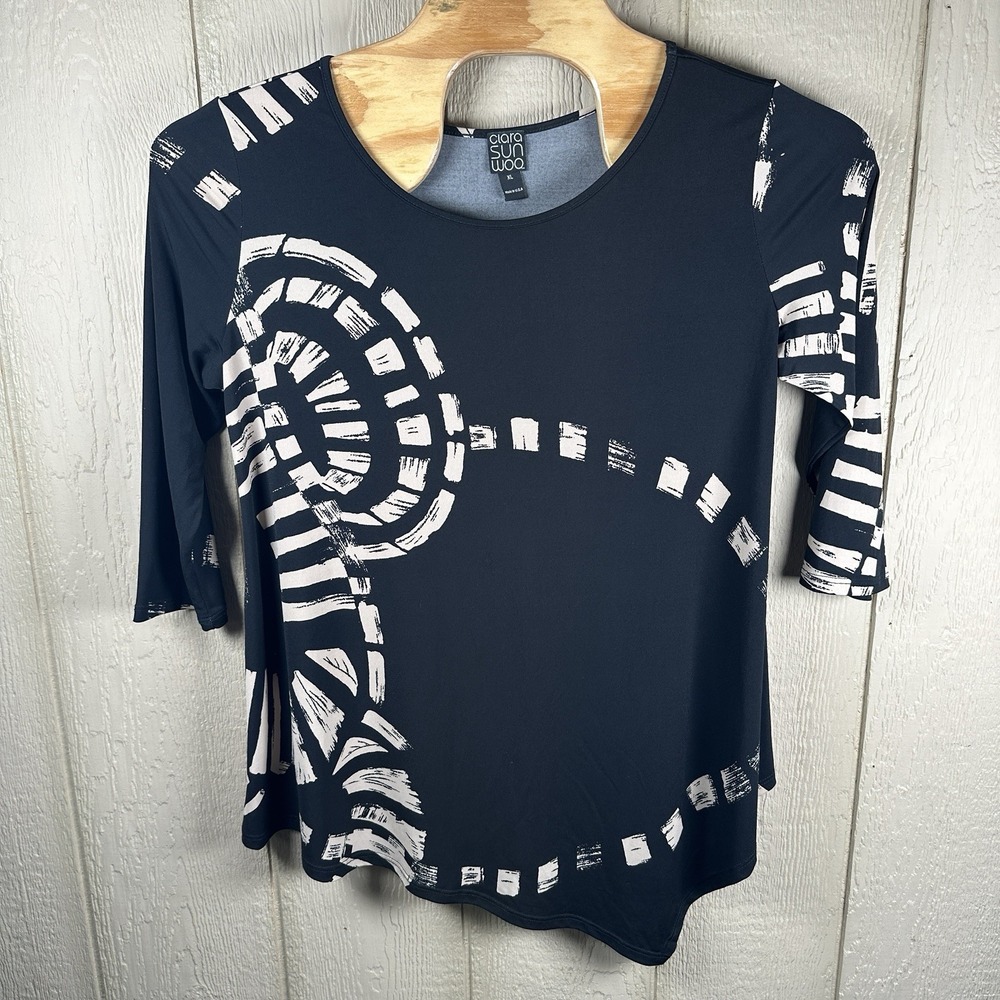 Clara Sun Woo Tunic Top XL Black Abstract Printed 3/4 Sleeve Jersey Knit Relaxed